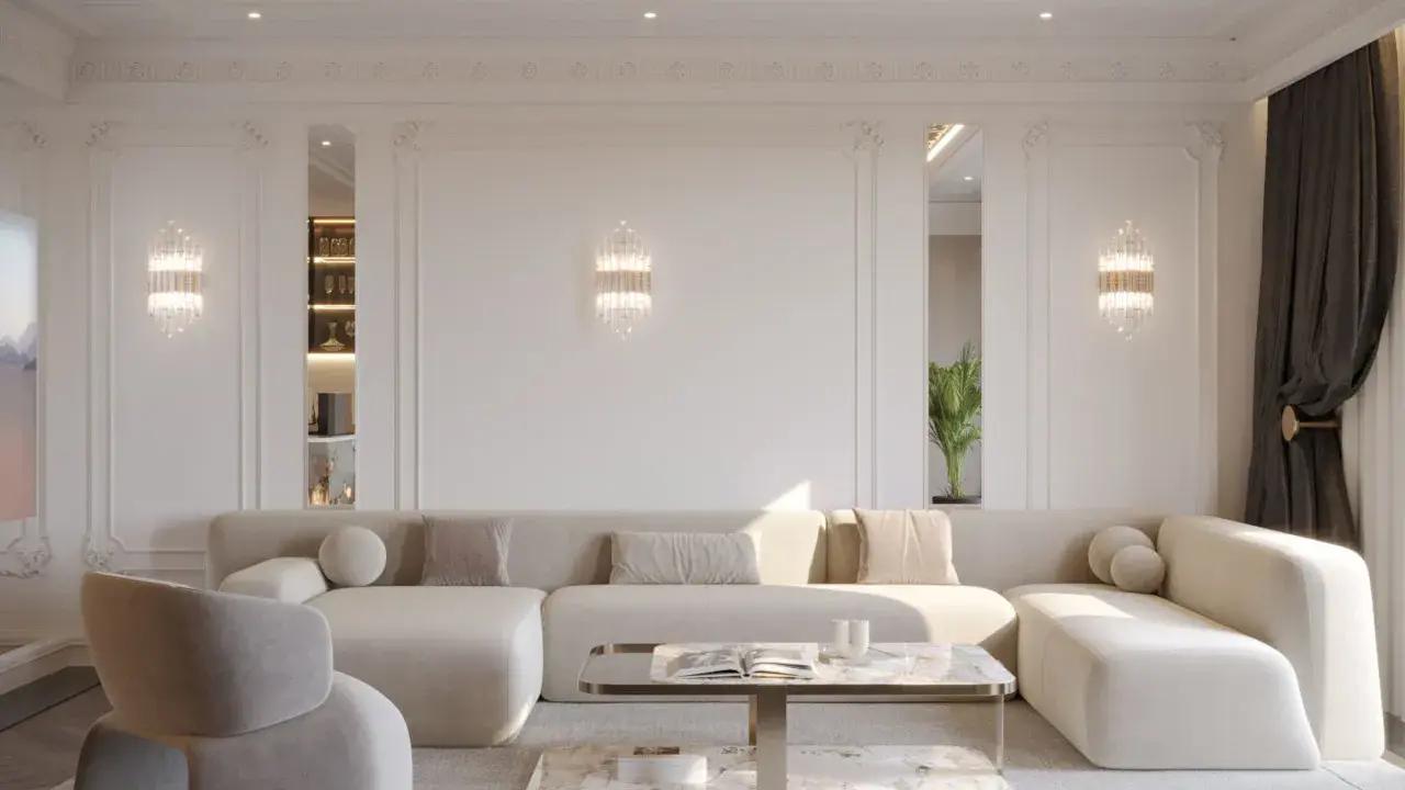 Elegancki salon z nowoczesnym sufitem. Luksusowy pomysł na sufit w salonie z oświetleniem tworzącym efekt fal.