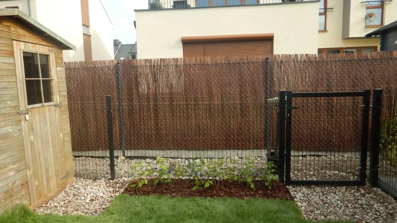 Nowe maliny w ogrodzie aranżacje. Krzewy rosną na rabacie, otoczone korą i kamieniami. Obok drewniana szopa i furtka.