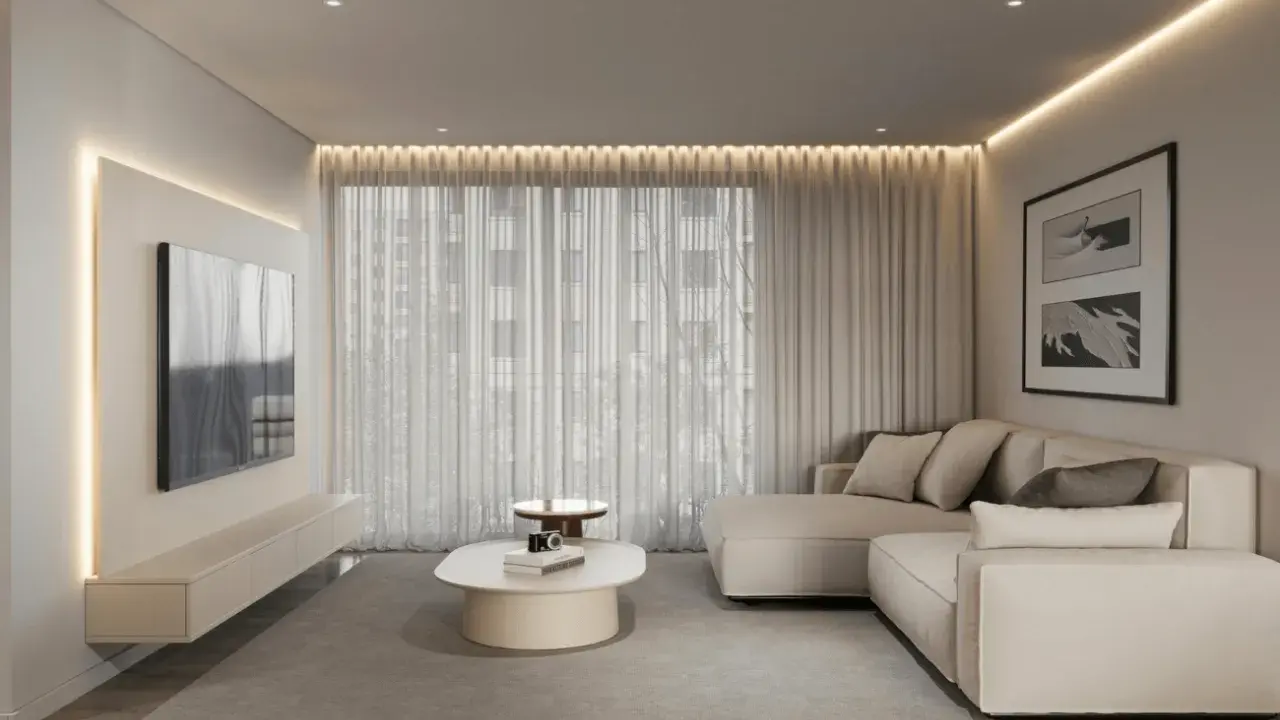 Nowoczesny salon w stylu minimalizm we wnętrzach. Jasna kanapa, telewizor na ścianie, owalny stolik kawowy i subtelne oświetlenie tworzą spokojną atmosferę.