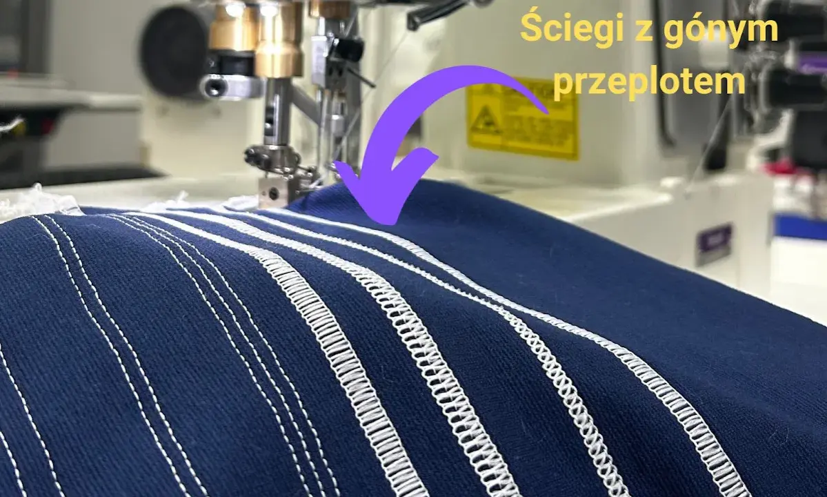 Różne rodzaje ściegów z górnym przeplotem na granatowym materiale, pokazujące elastyczność i zastosowanie.