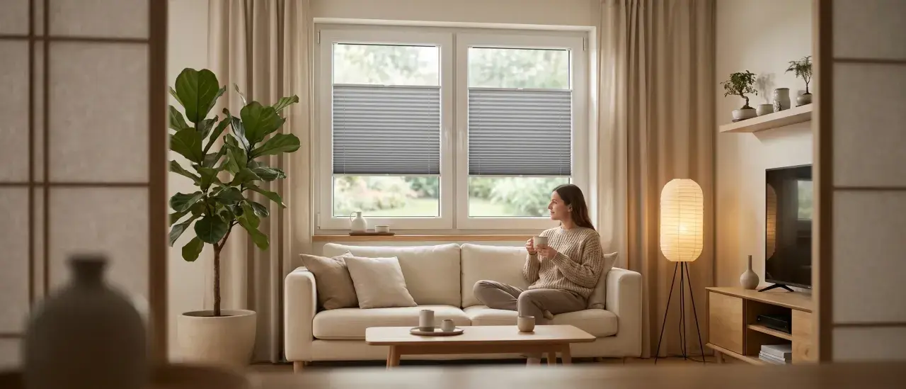 Kobieta pije kawę w salonie w stylu japandi. Jasna sofa, duża roślina i minimalistyczne dodatki tworzą przytulną atmosferę.