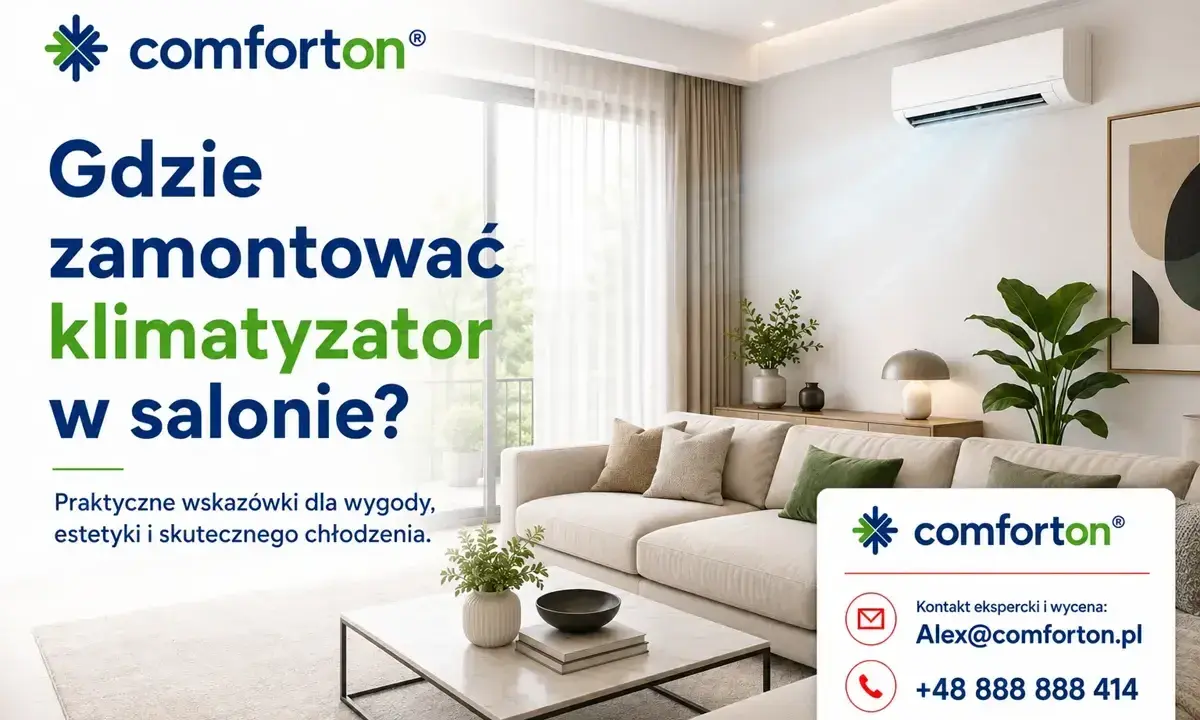 Nowoczesny salon z klimatyzatorem na ścianie. Dowiedz się, gdzie zamontować klimatyzator w salonie dla optymalnego komfortu.