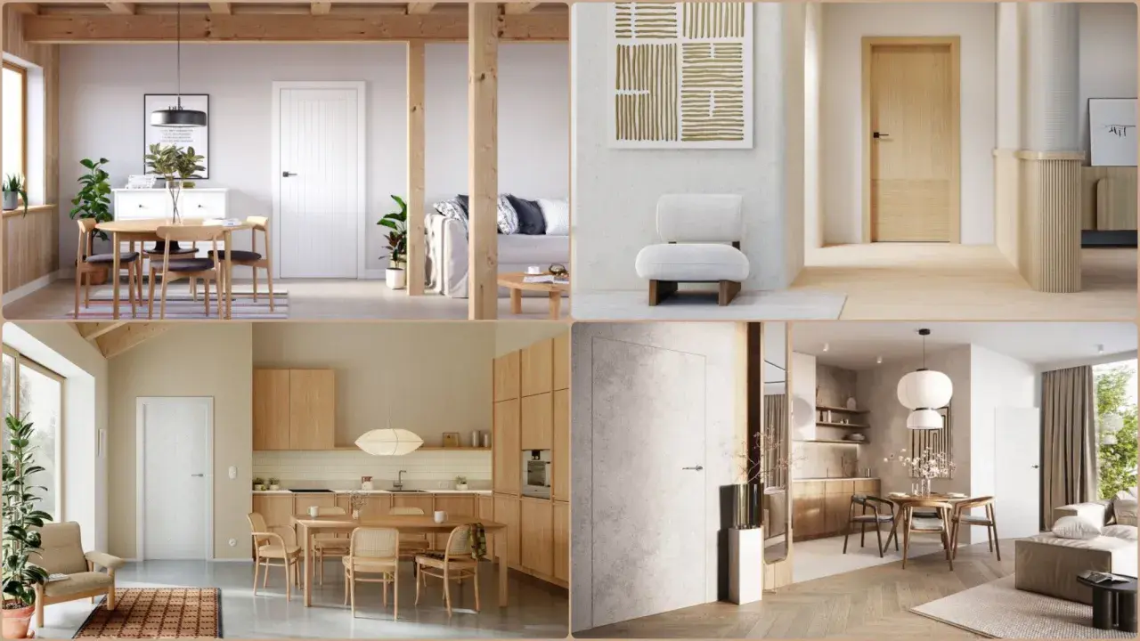 Wnętrza w stylu **modern organic**: jasne drewno, proste formy, naturalne materiały, przytulna atmosfera.