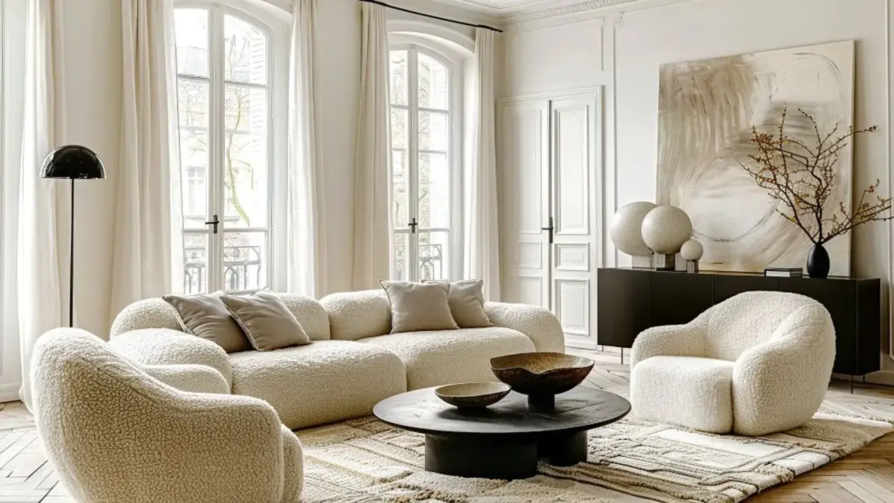 Przytulny salon w stylu modern classic z puszystymi meblami, czarnym stolikiem kawowym i abstrakcyjnym obrazem.
