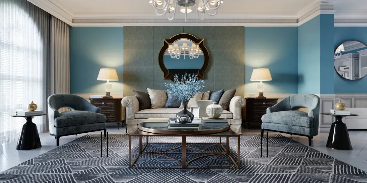 Elegancki salon w stylu włoskim: błękitne ściany, wygodna sofa, fotele, stolik kawowy i dywan z geometrycznym wzorem.