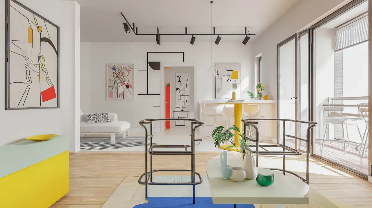 Jasne, oto propozycja:

Nowoczesne wnętrze w stylu bauhaus, z geometrycznymi obrazami, żółtym blatem i minimalistycznymi meblami.