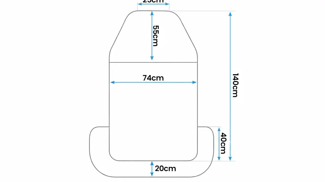Schemat pokrowca na fotel samochodowy z wymiarami: 25x55cm góra, 74cm szerokość, 140cm długość, 40cm podłokietnik, 20cm wysokość. Idealny do nauki, jak uszyć pokrowiec na fotel samochodowy.
