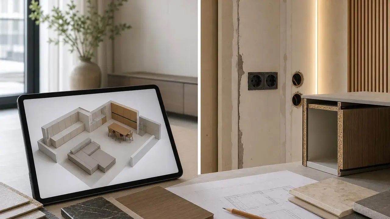 Projektowanie wnętrz na tablecie. Widok 3D salonu i jadalni, obok próbki materiałów i szkice.