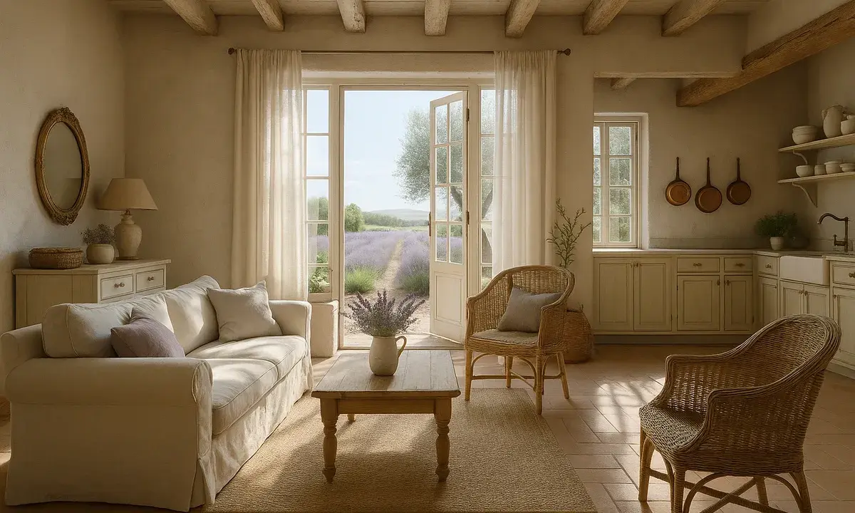 Przytulny salon w stylu gustawiańskim z widokiem na pola lawendy. Jasna sofa, wiklinowe fotele i drewniane belki tworzą sielski klimat.