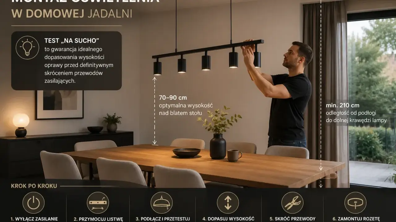 Instrukcja montażu lampy wiszącej w jadalni. Różne rodzaje lamp wymagają precyzyjnego dopasowania wysokości.