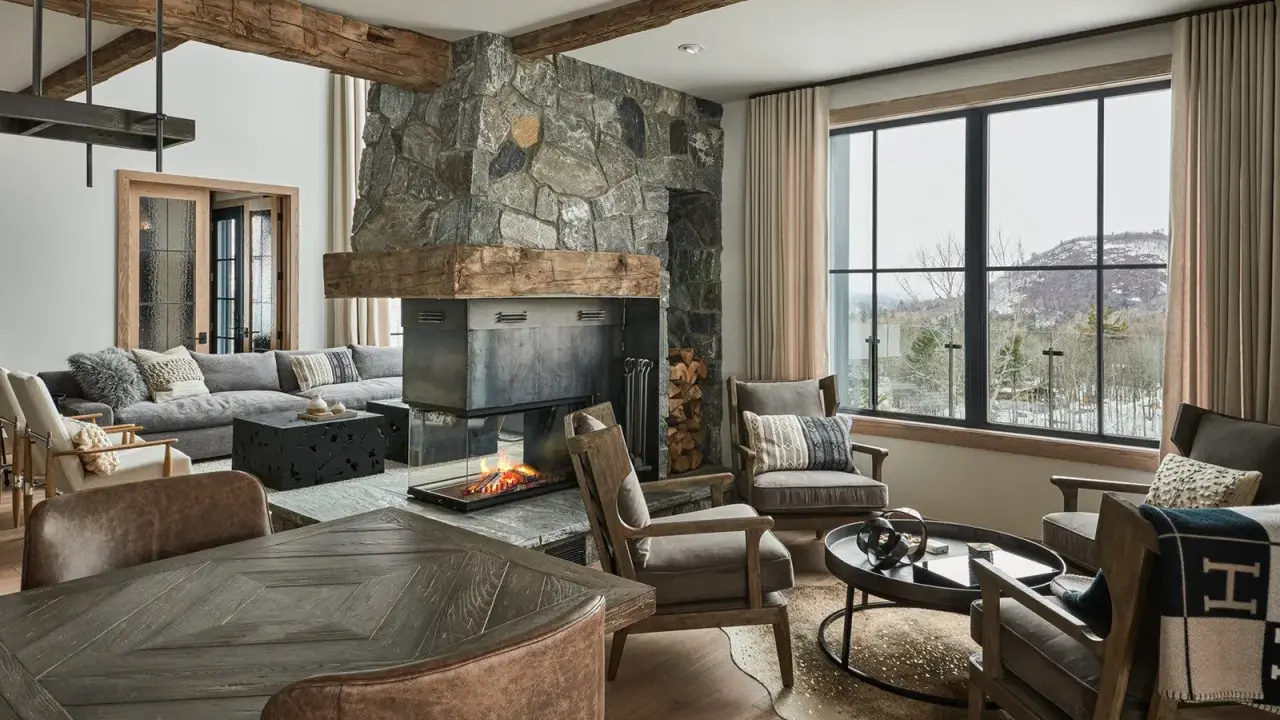 Przytulny salon w stylu modern farmhouse z kamiennym kominkiem, drewnianymi belkami i widokiem na ośnieżone góry.