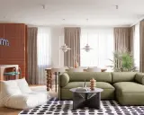 Nowoczesne mieszkanie w stylu PRL: zielona kanapa, puf, ceglana ściana i designerskie lampy tworzą przytulną przestrzeń.
