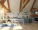 Jasna kuchnia w stylu modern farmhouse z kamiennym kominkiem, drewnianymi belkami i dużymi oknami.
