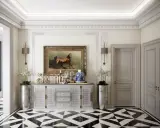 Elegancki hol w stylu art deco nowoczesny z obrazem konia, ozdobną komodą i geometryczną podłogą.
