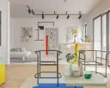 Jasne, oto propozycja:

Nowoczesne wnętrze w stylu bauhaus, z geometrycznymi obrazami, żółtym blatem i minimalistycznymi meblami.