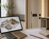 Projektowanie wnętrz na tablecie. Widok 3D salonu i jadalni, obok próbki materiałów i szkice.