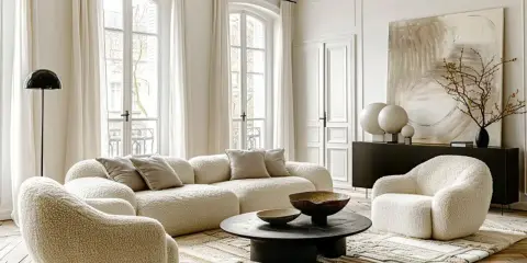 Przytulny salon w stylu modern classic z puszystymi meblami, czarnym stolikiem kawowym i abstrakcyjnym obrazem.