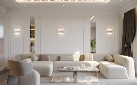 Elegancki salon z nowoczesnym sufitem. Luksusowy pomysł na sufit w salonie z oświetleniem tworzącym efekt fal.