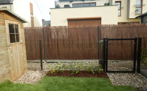 Nowe maliny w ogrodzie aranżacje. Krzewy rosną na rabacie, otoczone korą i kamieniami. Obok drewniana szopa i furtka.