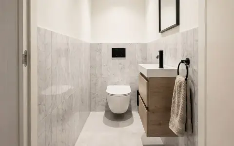 Nowoczesne, bardzo mała toaleta aranżacje: wisząca biała miska WC, drewniana szafka z umywalką, czarna armatura, lustro.