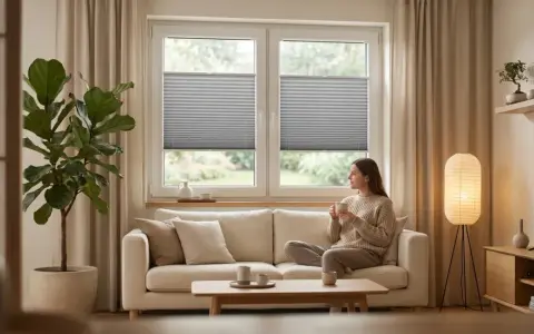 Kobieta pije kawę w salonie w stylu japandi. Jasna sofa, duża roślina i minimalistyczne dodatki tworzą przytulną atmosferę.