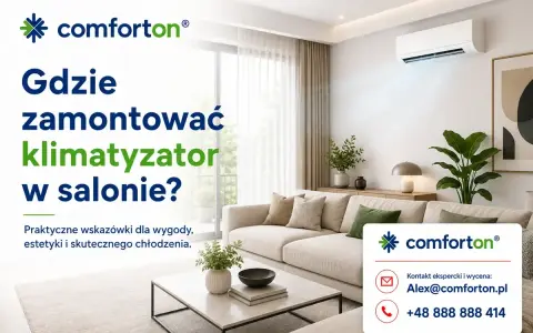 Nowoczesny salon z klimatyzatorem na ścianie. Dowiedz się, gdzie zamontować klimatyzator w salonie dla optymalnego komfortu.