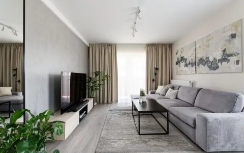 Nowoczesny salon z szarą kanapą i betonową ścianą. Obrazy nad kanapą to świetny pomysł na ścianę za kanapą.