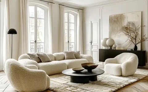 Przytulny salon w stylu modern classic z puszystymi meblami, czarnym stolikiem kawowym i abstrakcyjnym obrazem.