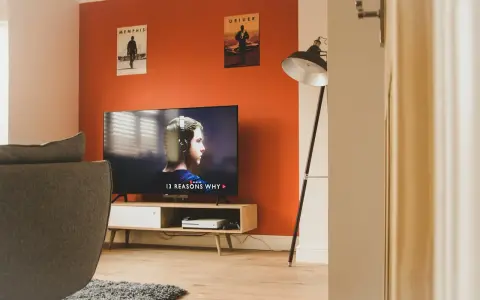 Pomarańczowe ściany świetnie komponują się z szarą kanapą i drewnianymi meblami. Idealne do relaksu i oglądania filmów.