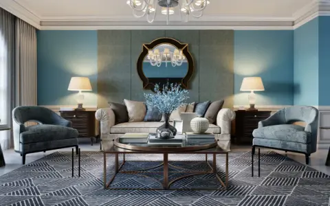 Elegancki salon w stylu włoskim: błękitne ściany, wygodna sofa, fotele, stolik kawowy i dywan z geometrycznym wzorem.