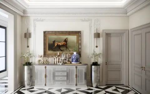 Elegancki hol w stylu art deco nowoczesny z obrazem konia, ozdobną komodą i geometryczną podłogą.