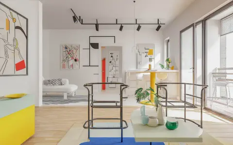 Jasne, oto propozycja:

Nowoczesne wnętrze w stylu bauhaus, z geometrycznymi obrazami, żółtym blatem i minimalistycznymi meblami.