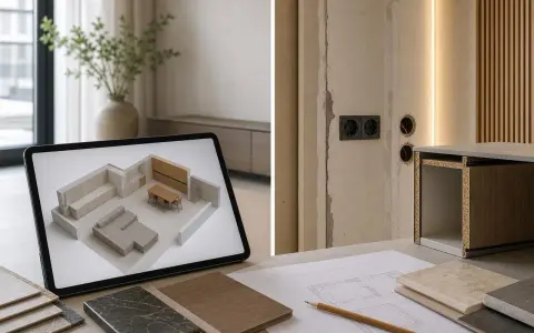 Projektowanie wnętrz na tablecie. Widok 3D salonu i jadalni, obok próbki materiałów i szkice.