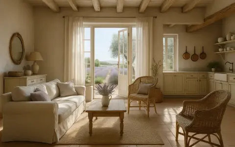 Przytulny salon w stylu gustawiańskim z widokiem na pola lawendy. Jasna sofa, wiklinowe fotele i drewniane belki tworzą sielski klimat.