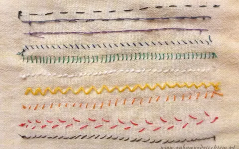 Różne rodzaje ściegów za igłą na jasnym materiale: prosty, zygzak, pochyły, falisty i inne.