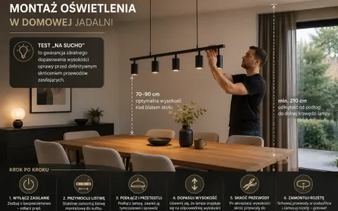 Instrukcja montażu lampy wiszącej w jadalni. Różne rodzaje lamp wymagają precyzyjnego dopasowania wysokości.