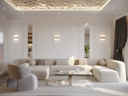 Elegancki salon z nowoczesnym sufitem. Luksusowy pomysł na sufit w salonie z oświetleniem tworzącym efekt fal.
