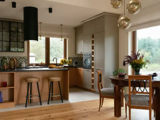 Przytulna kuchnia w stylu modern farmhouse z drewnianą wyspą, szarymi szafkami i dużym oknem z widokiem na zieleń.
