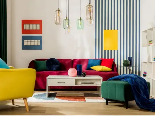 Salon w stylu memphis z kanapą w kolorze fuksji, żółtym fotelem i zieloną pufą. Kolorowe poduszki i geometryczne dekoracje.