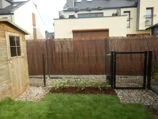 Nowe maliny w ogrodzie aranżacje. Krzewy rosną na rabacie, otoczone korą i kamieniami. Obok drewniana szopa i furtka.