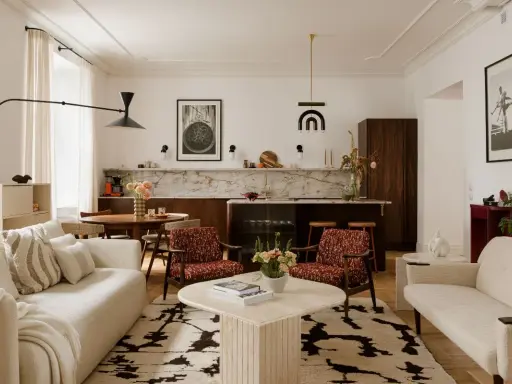 Przytulny salon z elementami styl vintage wnętrza: kremowa sofa, fotele w rudy wzór, okrągły stolik i dywan z geometrycznym motywem.