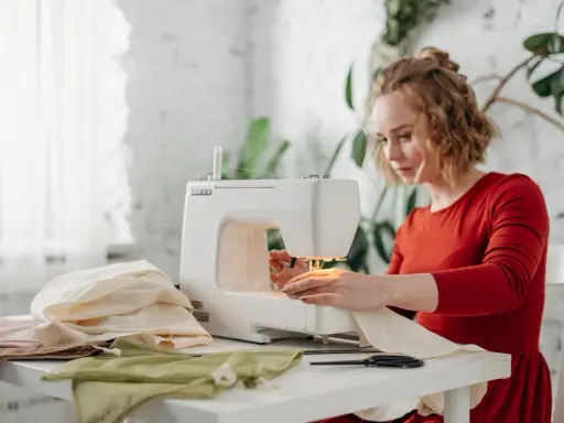 Kobieta w czerwonej sukience pracuje przy maszynie do szycia, dbając o naprężenie nici. Na stole leżą kolorowe tkaniny i nożyczki.