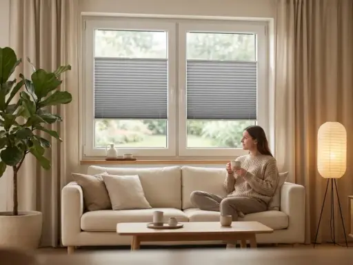 Kobieta pije kawę w salonie w stylu japandi. Jasna sofa, duża roślina i minimalistyczne dodatki tworzą przytulną atmosferę.