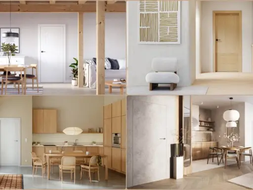 Wnętrza w stylu **modern organic**: jasne drewno, proste formy, naturalne materiały, przytulna atmosfera.