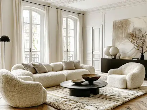Przytulny salon w stylu modern classic z puszystymi meblami, czarnym stolikiem kawowym i abstrakcyjnym obrazem.