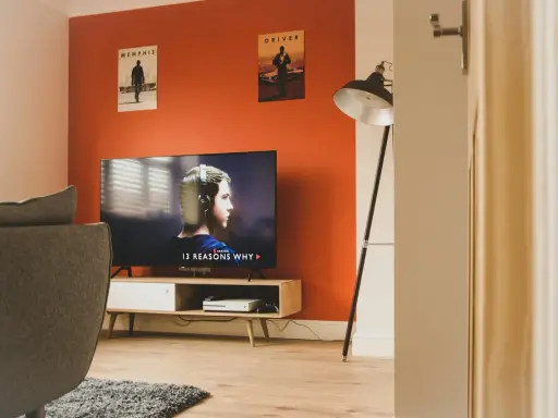 Pomarańczowe ściany świetnie komponują się z szarą kanapą i drewnianymi meblami. Idealne do relaksu i oglądania filmów.
