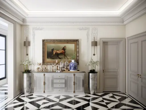 Elegancki hol w stylu art deco nowoczesny z obrazem konia, ozdobną komodą i geometryczną podłogą.