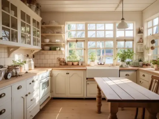 Jasna kuchnia w stylu cottage core z drewnianym stołem, białymi szafkami i oknami pełnymi zieleni.
