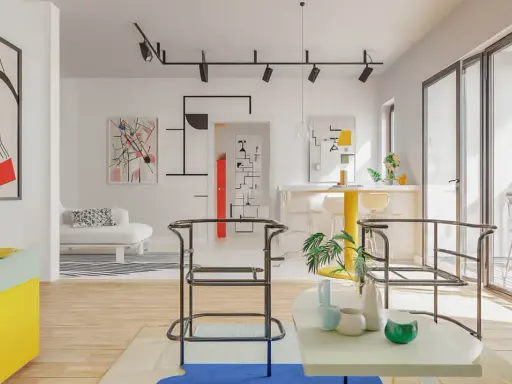 Jasne, oto propozycja:

Nowoczesne wnętrze w stylu bauhaus, z geometrycznymi obrazami, żółtym blatem i minimalistycznymi meblami.