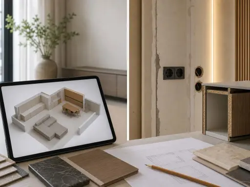 Projektowanie wnętrz na tablecie. Widok 3D salonu i jadalni, obok próbki materiałów i szkice.